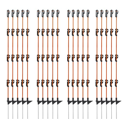 48 Inches Electric Fence Fiberglass Posts, 20 Pack Step in Electric Fence Post, Temporary Portable Fence Stakes for Livestock, Big Insulator, Orange