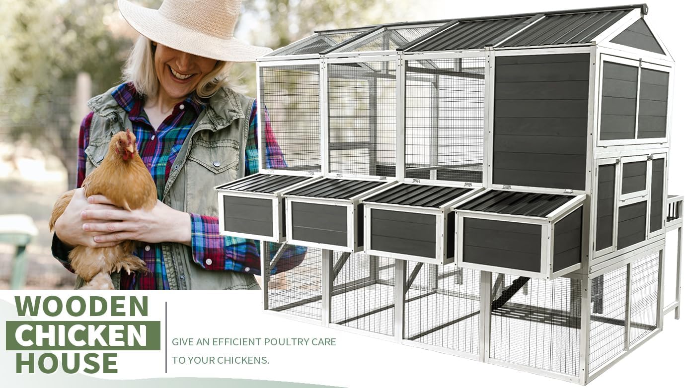YOPTO 3-Tier Large Wooden Chicken Coop for 8-10 Chickens,Outdoor Walk-in Chicken Coop House with Run&Nesting Boxes,Hen House Poultry Pet Habitat Hutch Cage W/Pull Out Trays&Wire Fencing(95"×80"×83")