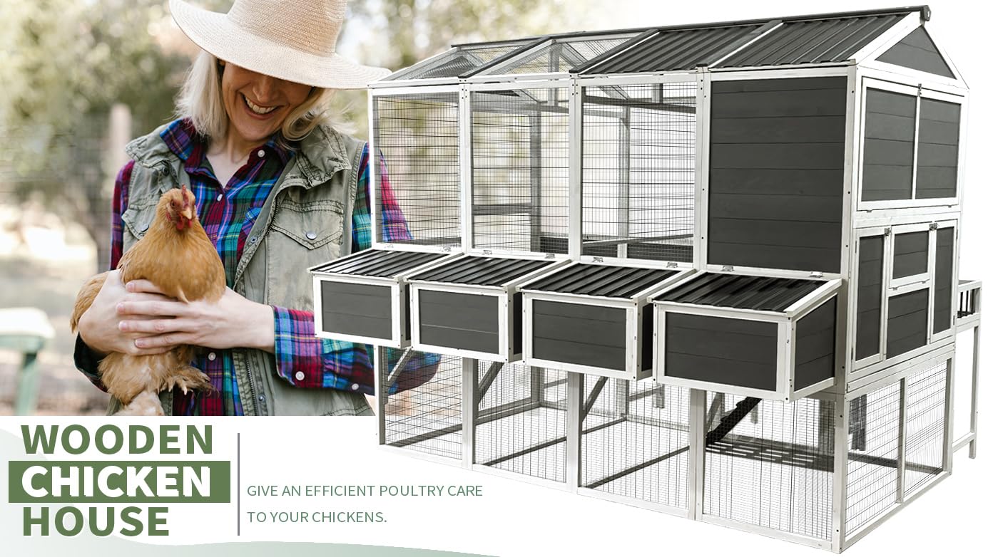 YOPTO 3-Tier Large Wooden Chicken Coop for 8-10 Chickens,Outdoor Walk-in Chicken Coop House with Run&Nesting Boxes,Hen House Poultry Pet Habitat Hutch Cage W/Pull Out Trays&Wire Fencing(95"×80"×83")
