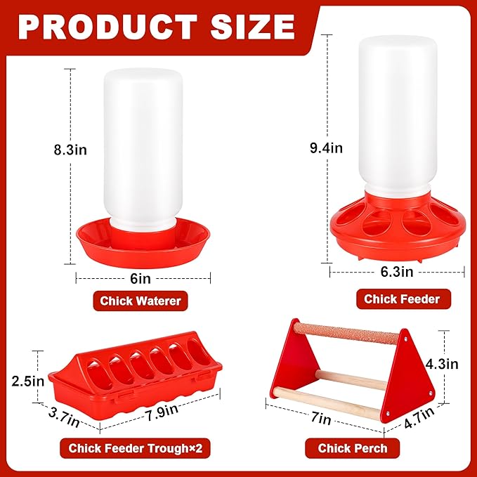 Chick Feeder and Waterer Kit, Plastic Baby Chicken Feeder and Waterer Set with Chick Perch