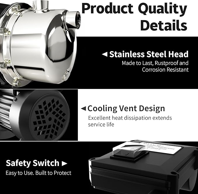 LANCHEZ 1 HP Portable Shallow Well Garden Pump, 1294 GPH Stainless Steel Sprinkler Pump, 115V Water Transfer Draining Irrigation for Lawn