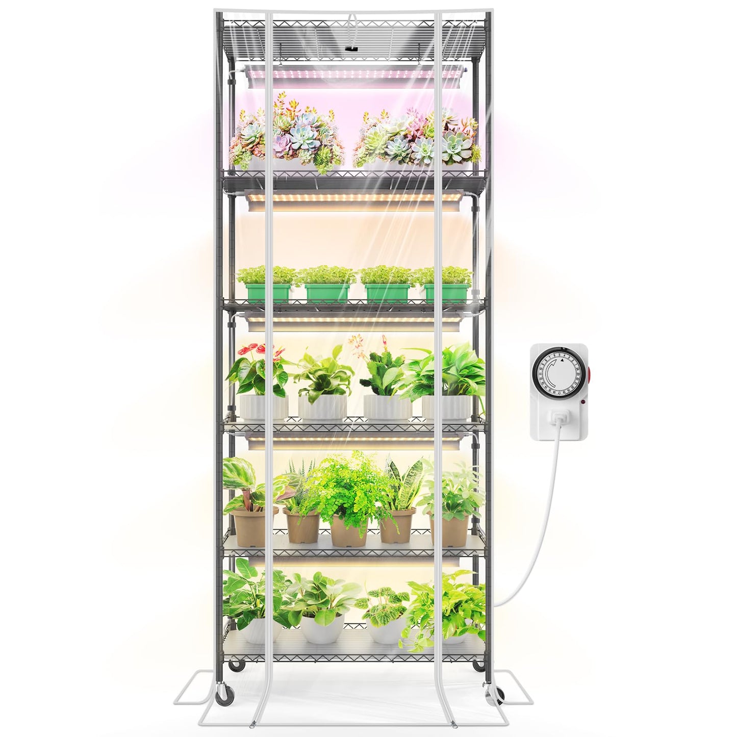 Barrina CX2Z Greenhouse with Grow Light for Indoor Plant & Seedlings, 6-Tier Plant Shelf with 2FT 30W(Per Light) Full Spectrum Plant Lights, 3 Adjustable Spectrum and Timer, 29x14x71 Inches