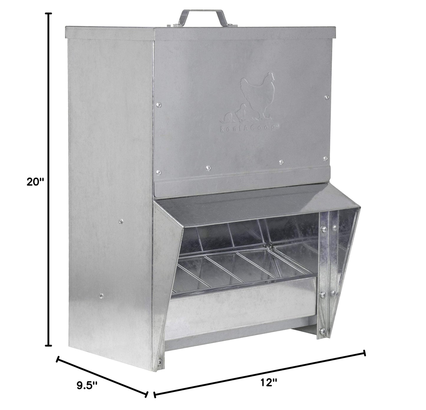 RentACoop Galvanized Chicken Trough Feeder, Weatherproof Poultry Food Dispenser with Lid 25LB Capacity