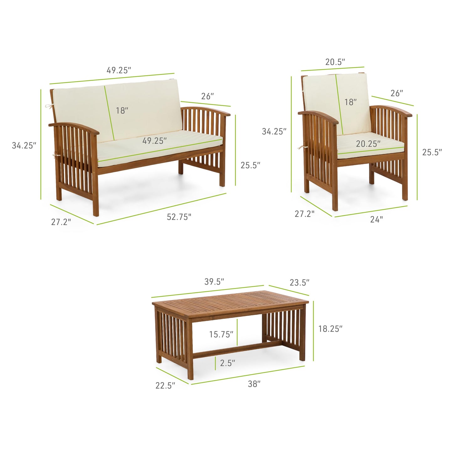 Greemotion Kyushu Farmhouse Acacia Wood 4-Piece Patio Set with Weather-Resistant, Include Tie-Back Cushions for Deck, Backyard, Lawn, Garden, Beige and Natural Brown