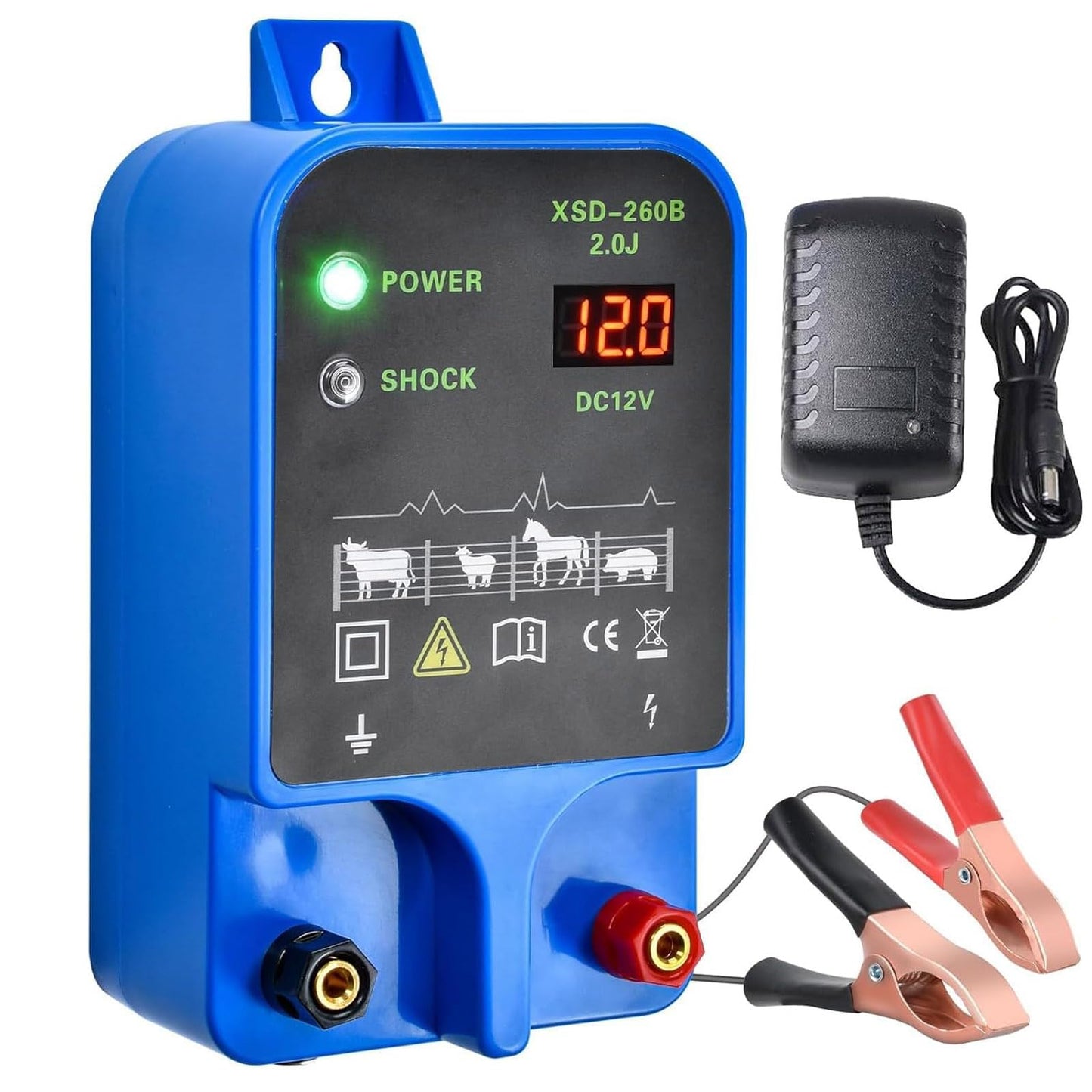 Electric Fence Charger 10km 2J High Power Pulse Electric Fencing Controller 10.5kv Portable Electric Fencer Kit For Garden Farm Poultry Livestock Goat Cattle Horse Deer Electric Netting Fencer Charger