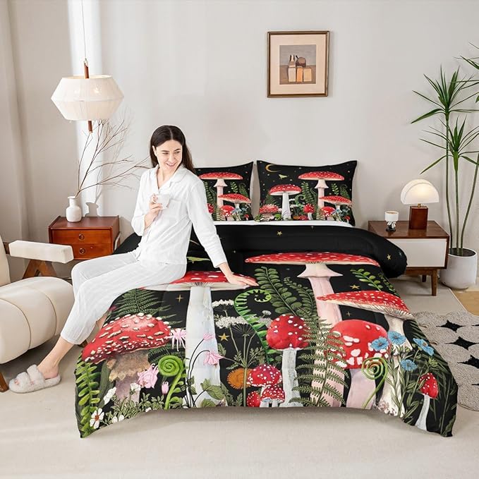 Castle Fairy Red Mushroom Girls Comforter Set Full Size,Magical Plant Snail Duvet Sets Teens Bedroom Decor,Jungle Botanical Brushed Microfiber Soft Bedding Comforter
