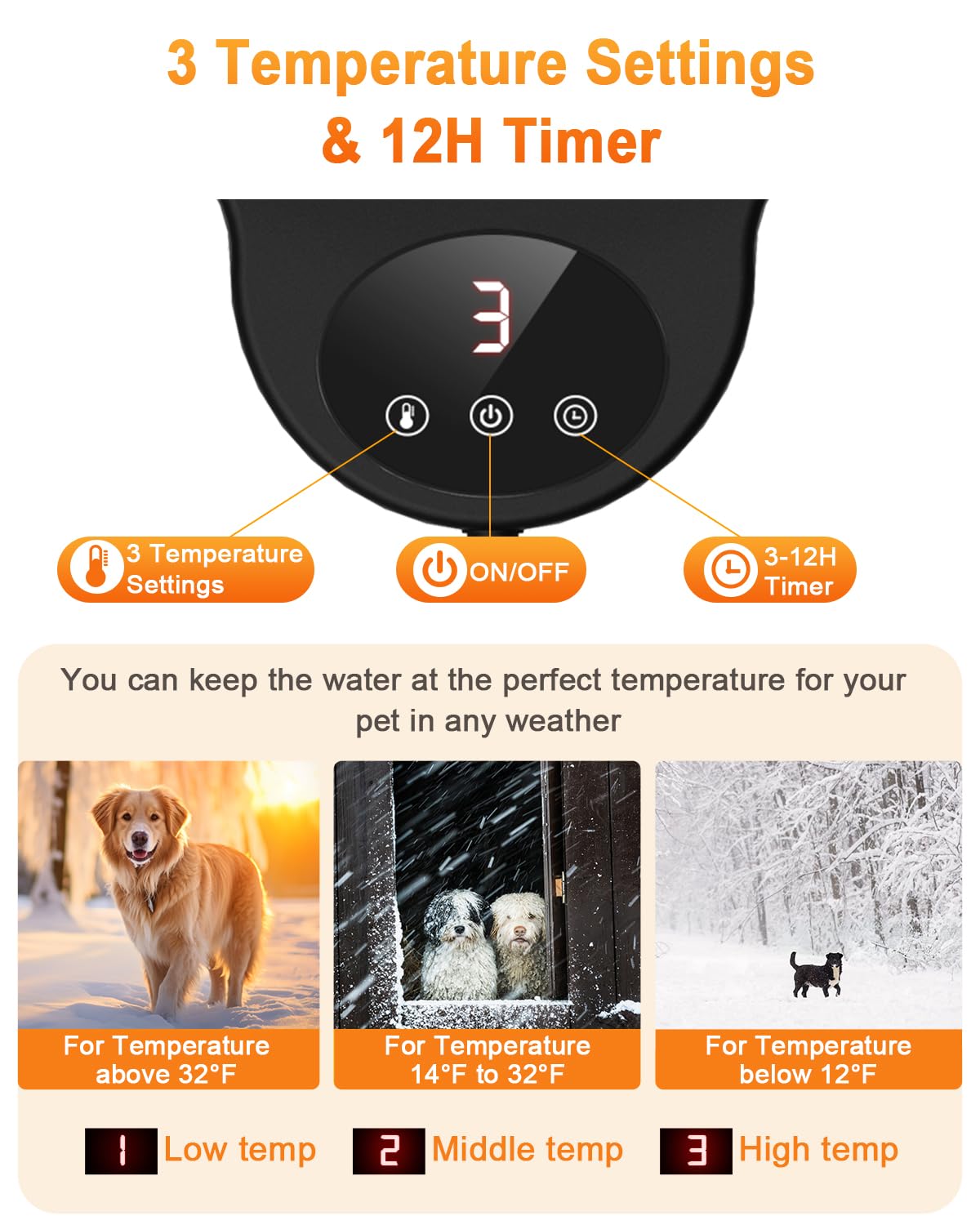 Heated Water Bowl for Dog & Cat, 3 Temperature Settings & 12H Timer, Outdoor Heated Pet Bowl with BPA-Free and 50oz Removable Stainless Steel Bowl, Anti-Chew Cord, for Chickens, Ducks, Birds