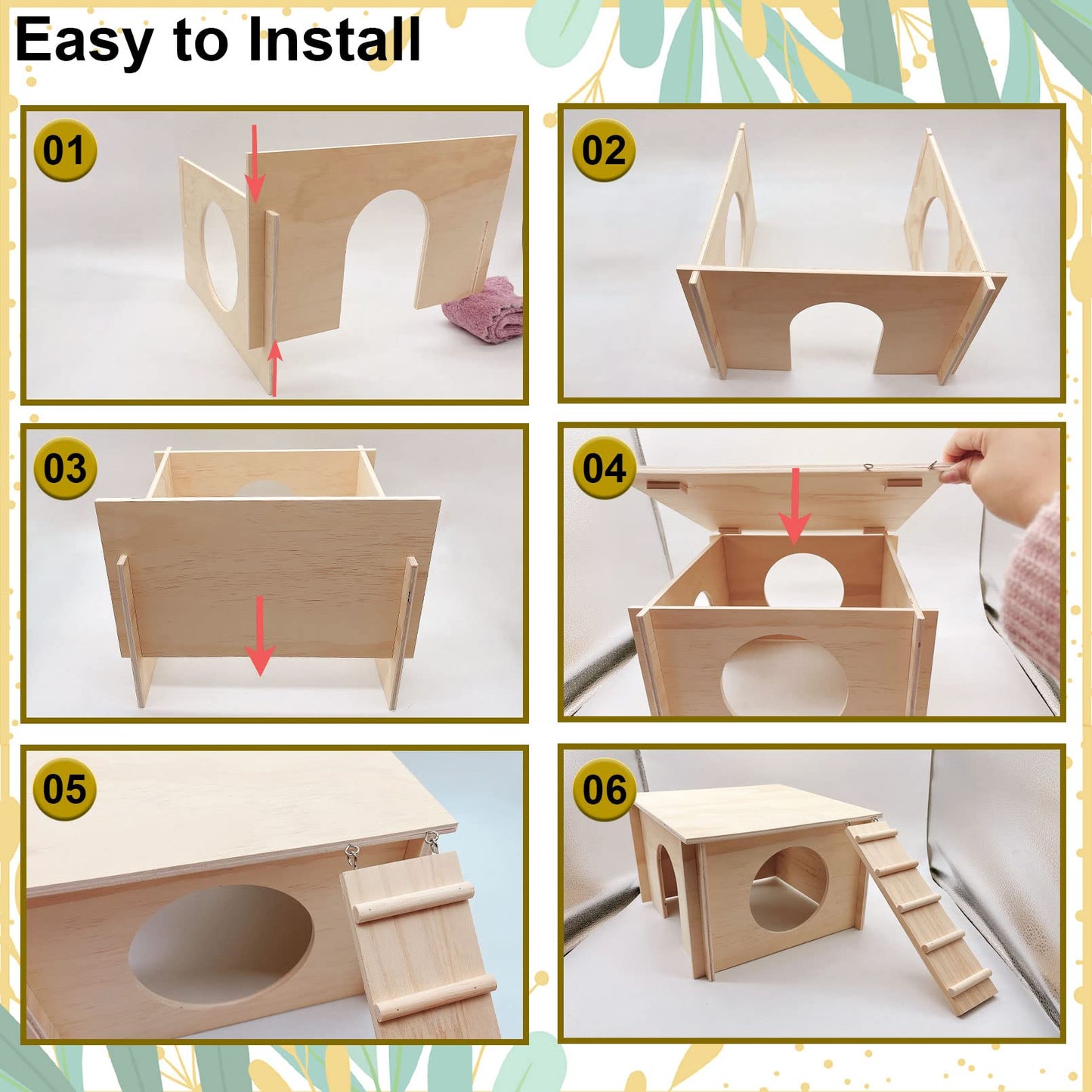 kathson Guinea Pig Hideout House,Wooden Chinchilla Hide Hut with Climbing Ladder and Windows, Hamster House for Mouse Hedgehog Squirrel Mice Gerbils Hiding Sleeping and Playing