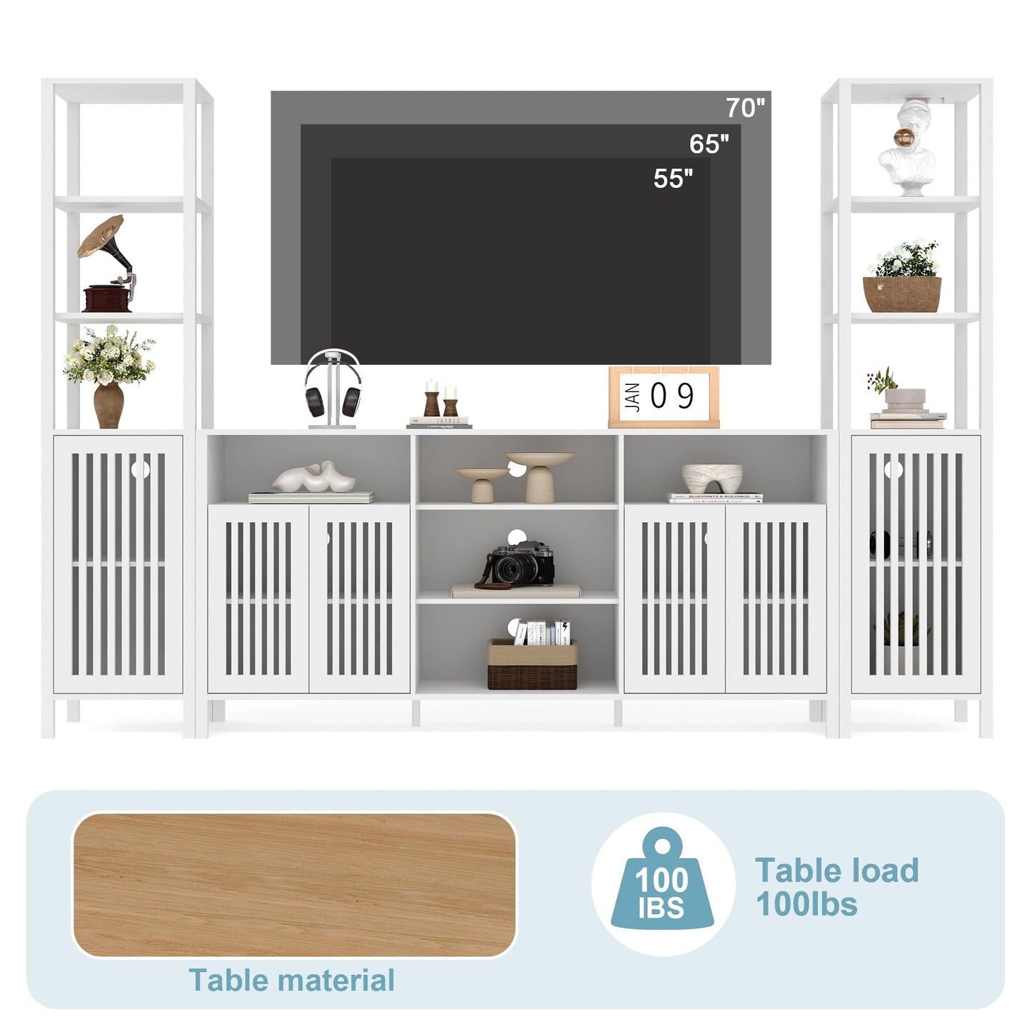 Farmhouse TV Stand for TVs Up to 70 in, Entertainment Center with Bookshelves, Media Center with Storage Cabinet & Adjustable Shelves for Living Room Bedroom Home Theater
