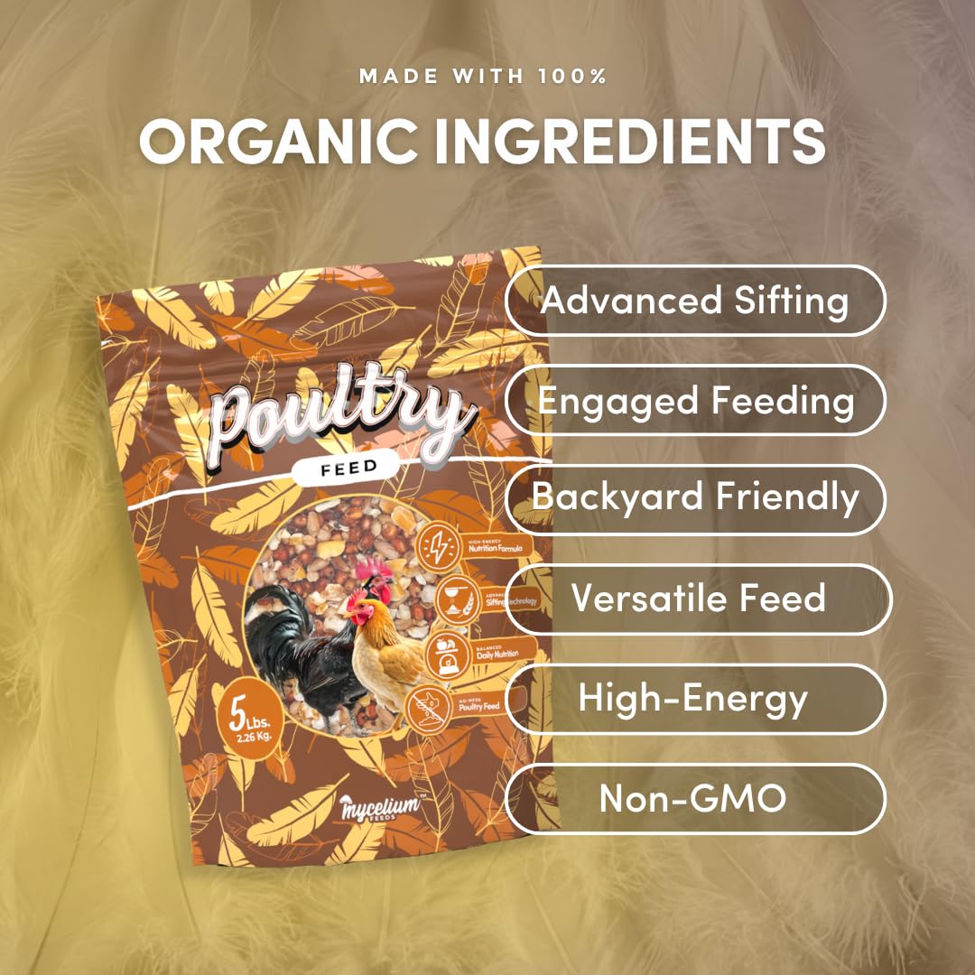 Mycelium Poultry Feed (5 LB Bag) | Organic 3-Grain Scratch for Chickens, Hens, Ducks & Backyard Flocks | High-Energy Daily Nutrition | Cracked Corn, Wheat & Milo | Non-GMO, Made in USA