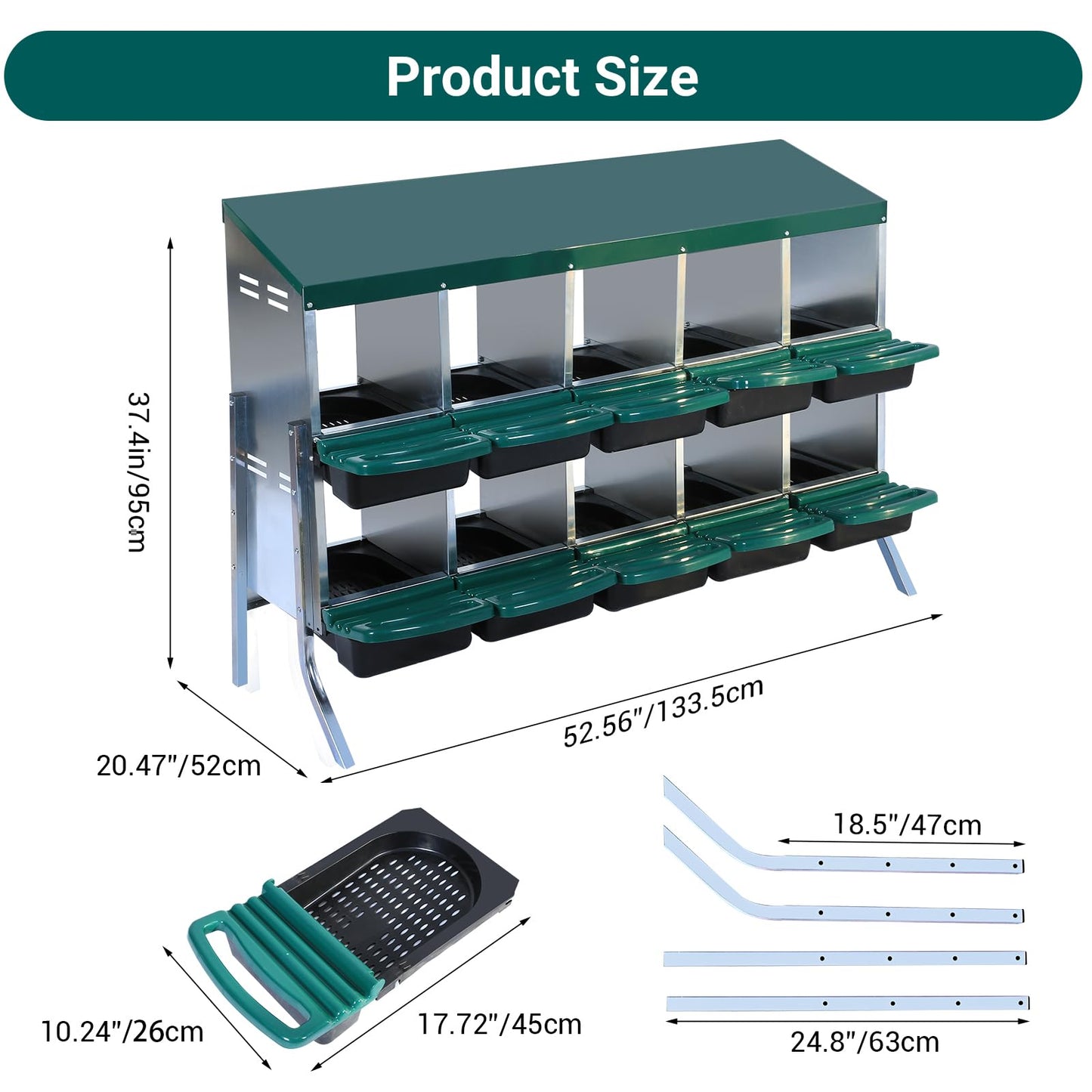 Chicken Nesting Box, 10 Compartments Nesting Boxes for Chickens, Chicken Laying Boxes with Metal Leg, Roll Away Nesting Box for Chickens Laying Egg with Lid Cover to Protect Eggs, Green