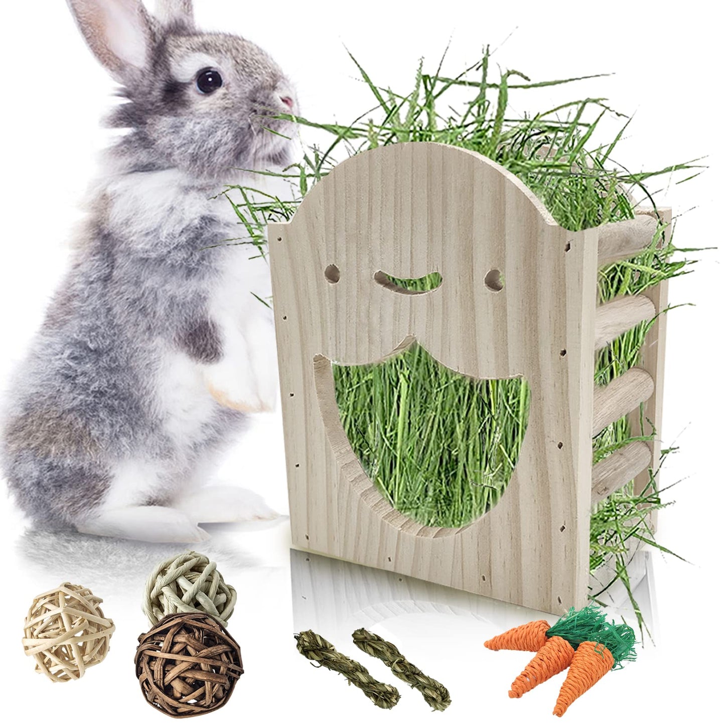 Hamiledyi Wood Rabbit Hay Feeder for Cage Bunny Hay Manger Rack Small Animals Feeding Holder Wooden Grass Dispenser with Chew Toys for Guinea Pig Chinchilla Hamster 9Pcs