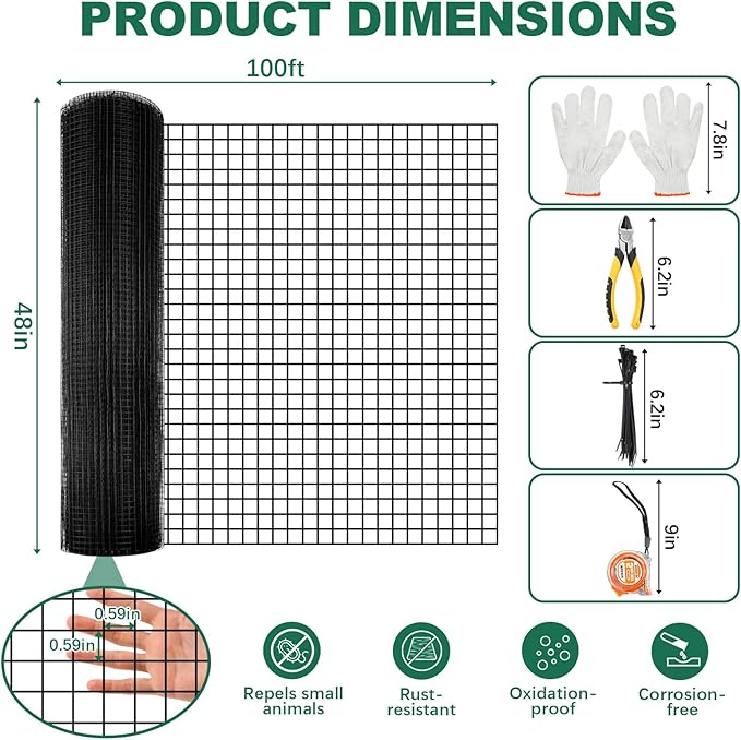 48 in x 100 ft Hardware Cloth, Heavy Duty Black Chicken Wire Fencing, 1/2" 19 Gauge PVC Vinyl Coated Welded Wire Mesh Roll with Measuring Tape Rolling Belt Pliers, for Chicken Coop Garden