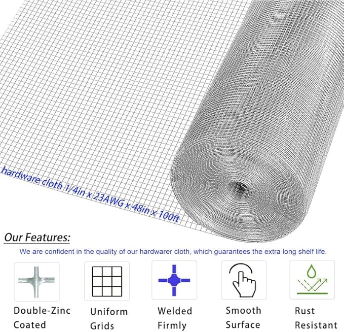 Hardware Cloth 1/4in 4ft x100ft Hot Dip Galvanized Rust Resistant Welded Wire Mesh,23AWG Square Chicken Wire Fence Garden Plants Fencing,Chicken Coop Rabbit Poultry Critters Metal Cage Roll
