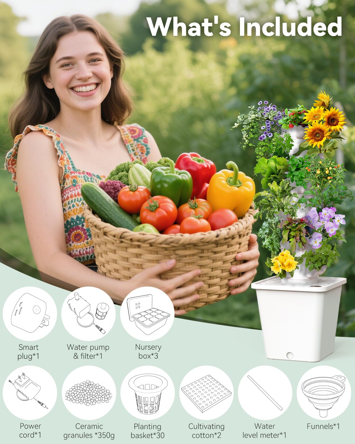 SJZXUV Vertical Hydroponics Growing System Kit, Indoor Outdoor Gardening System Kits, Herb & Fruits Growing Tower, 6 Layer 30 Pods