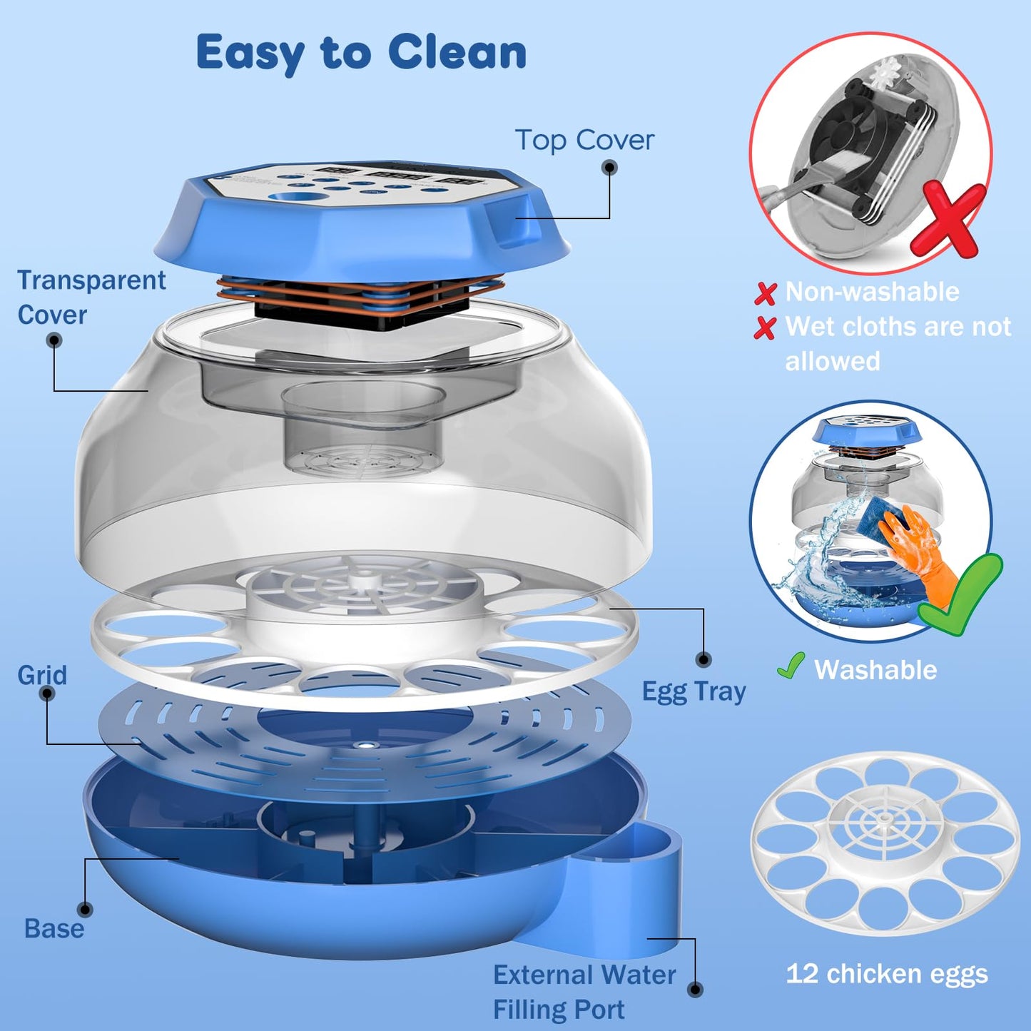 Incubator for Hatching Eggs12-24 Egg Capacity, Automatic Egg Turner, Temperature & Humidity Control, 360° Viewing for Chicken, Duck and Quail Eggs, Birds (Built-in Candler & Quiet Design)