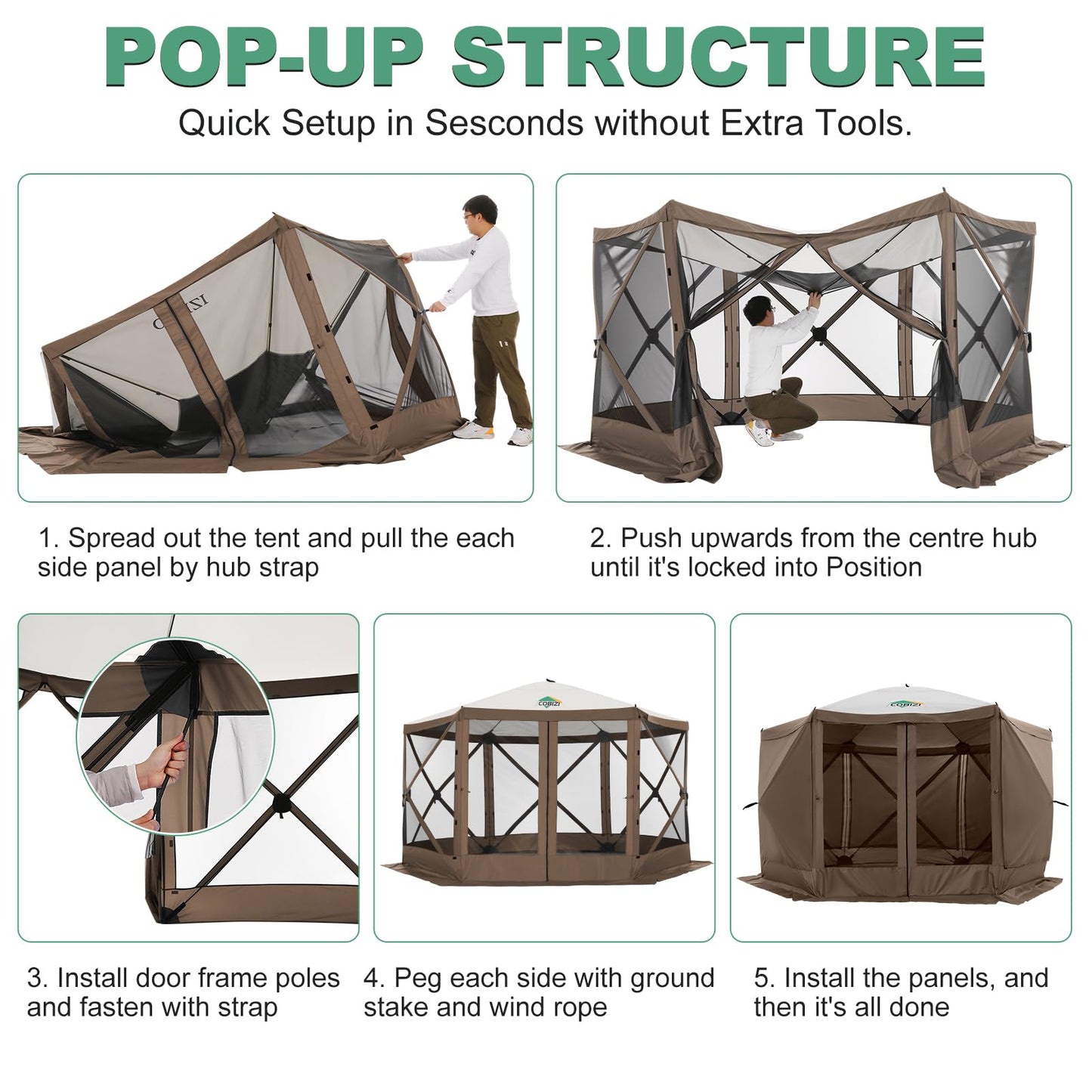 COBIZI 12x12ft Pop up Gazebo Screen Tent Screen House for Camping, Camping Outdoor Screened Gazebo with Sidewalls, Portable Hub Tent with Carrying Bag and Ground Stakes, Brown(Upgraded 2.0)