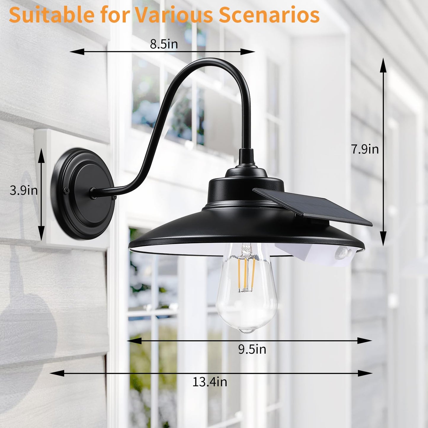 CRIRY Solar Barn Lights Outdoor with 3 Lighting Modes & Motion Sensor, Waterproof Black Farmhouse Outdoor Gooseneck Solar Lights for Barn Shed Chicken Coop Porch, 2Pack