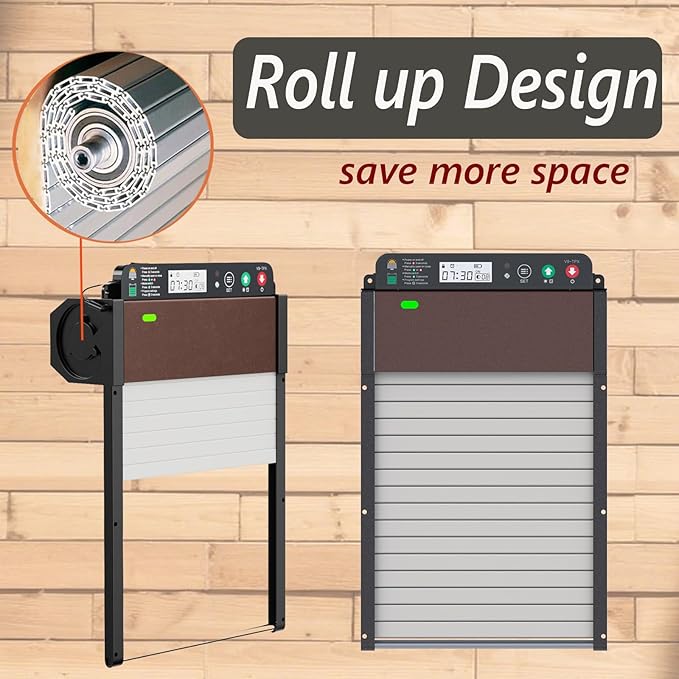 Automatic Chicken Coop Door Solar Powered with Timer&Light Sensor&Manual&Remote, Roller Chicken Door Opener, Anti Pinch,Large Poultry Aluminum Alloy Run Chicken Door with Battery