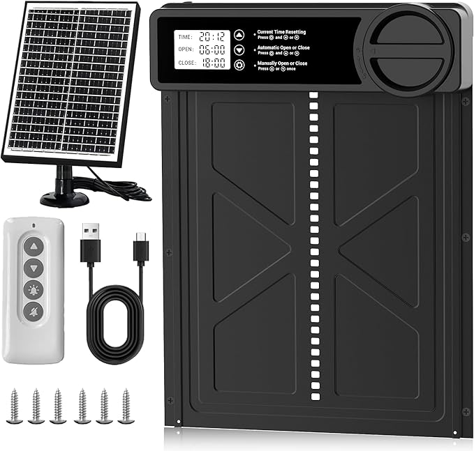 Large Size Automatic Chicken Coop Door Solar Powered - Timer/Manual Mode, Solar Chicken Coop Door Anti-Pinch, Aluminum Alloy Chicken Door | Higher Battery Capacity | 20M Remote Control