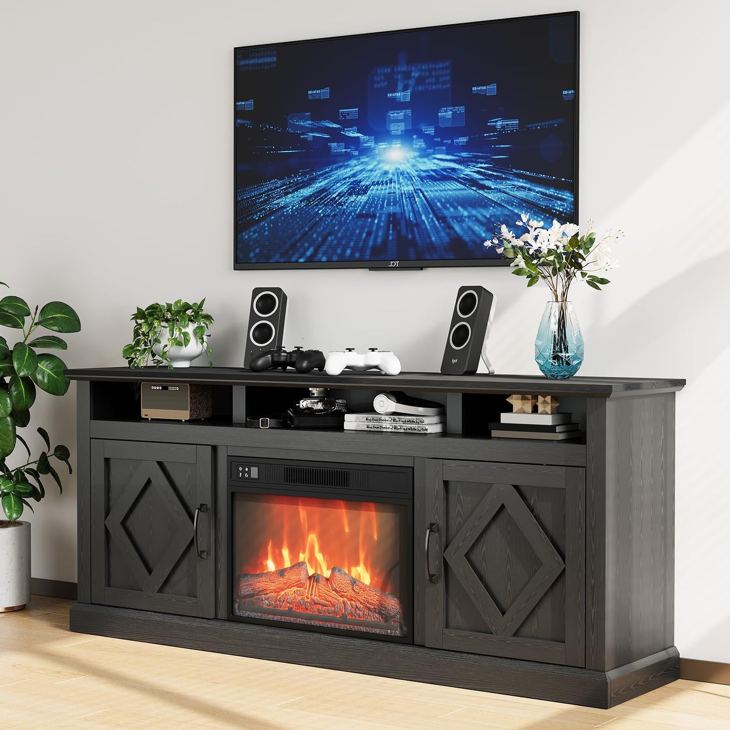 Farmhouse TV Stand with 23" Electric Fireplace for TVs Up to 65", Rustic Sliding Barn Door Entertainment Center with Storage, Remote Control, 3D Flame, Timer & Overheat Protection