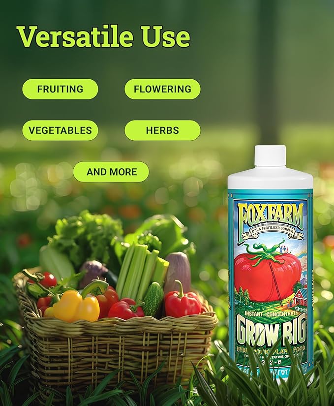 FoxFarm Grow Big Hydro Liquid Fertilizer, Plant Food with Micro Nutrients for Hydroponic Systems - Enhances Vegetative Growth, Flowering, and Fruiting - pH Adjustable, NPK 3-2-6 (Quart)