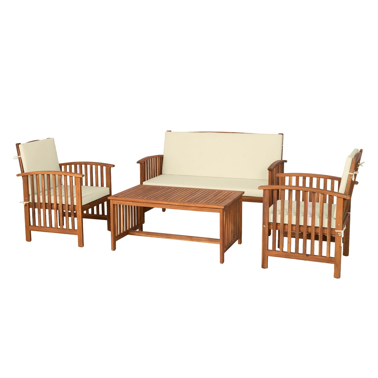 Greemotion Kyushu Farmhouse Acacia Wood 4-Piece Patio Set with Weather-Resistant, Include Tie-Back Cushions for Deck, Backyard, Lawn, Garden, Beige and Natural Brown