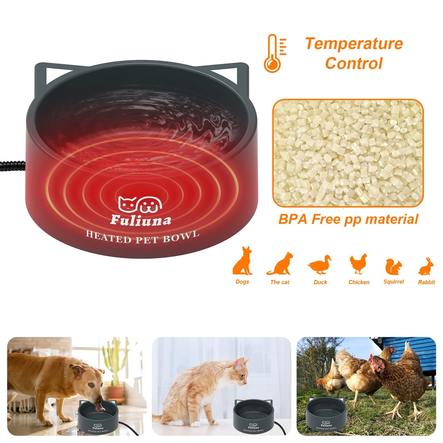 3.2L Large Heated Water Bowl, Outside Heated Dog Dish with Chew Resistant Power Cord, Thermal Bowls Provide Drinkable Water in Winter, Anti-Slip Pet Bowls for Dog Cat Rabbit Chicken Duck Grey