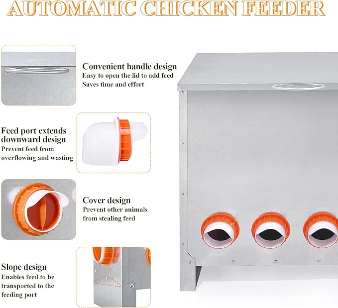 Automatic Chicken Feeder No Waste Large Capacity 85lbs 10-Ports Metal Poultry Feeder with Pull Handle for Chickens Geese Ducks Poultry Coop Weatherproof Design