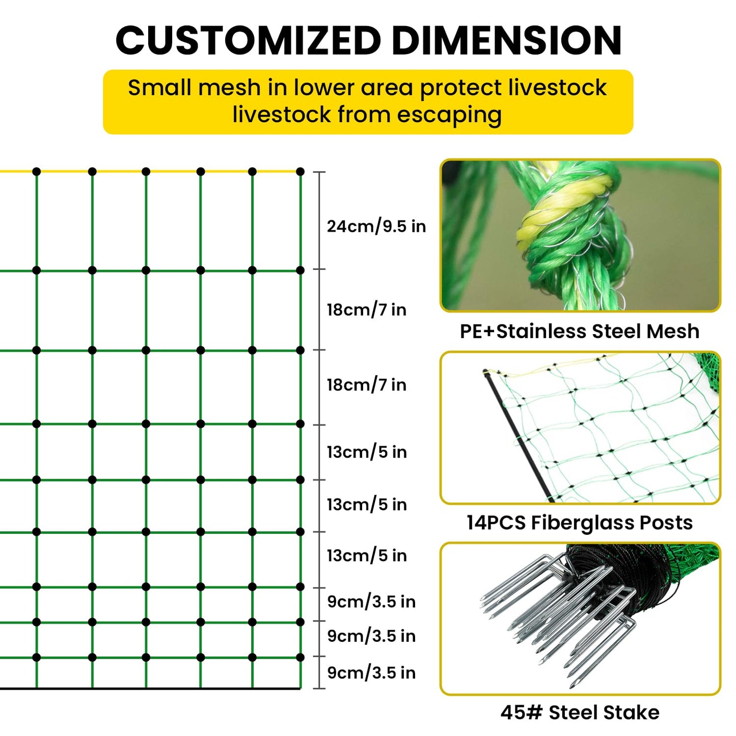 Electric Fence Netting, 49.6" H x 164'L Electric Anti-Predator Poultry Fence, PE Net Fencing Kit with 14 Posts Double Spiked, Movable Livestock Nets for Sheep, Hogs, Cattle and Other Poultry