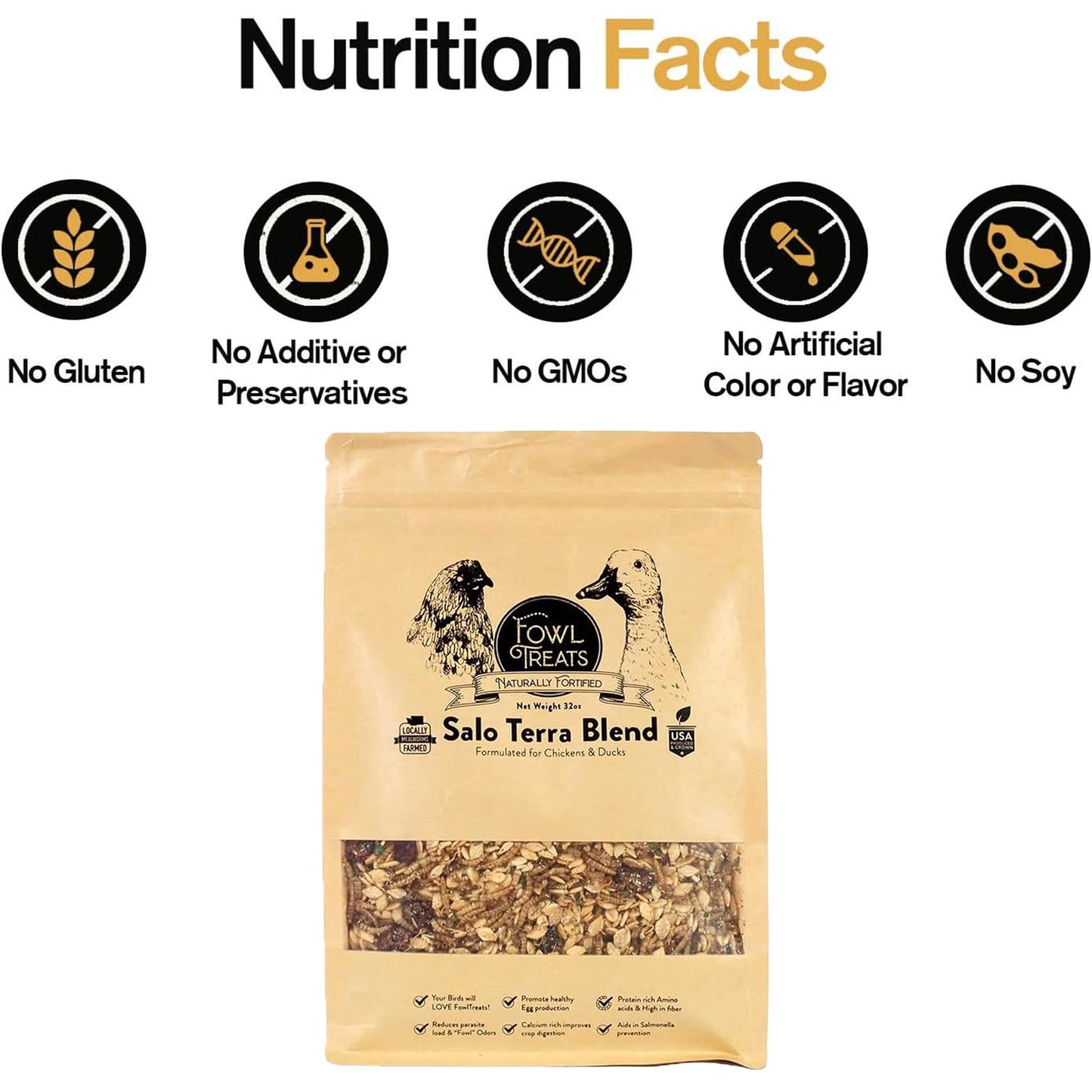 Fowl Treats Naturally Fortified Treats – Protein Rich Supplement Suitable for Chickens, Hens and Ducks, Hand Mixed with USA Grown Ingredients – Salo Tera Blend – 32oz
