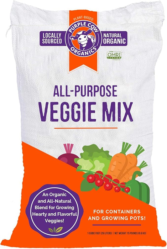 Purple Cow Organics All Purpose Veggie Mix, 1 Cubic Foot Bag, Organic Chemical-Free & Ready to Use Plant Based Compost Blend for Vegetable Gardens, Containers & Planter Pots, Raised Bed Boxes