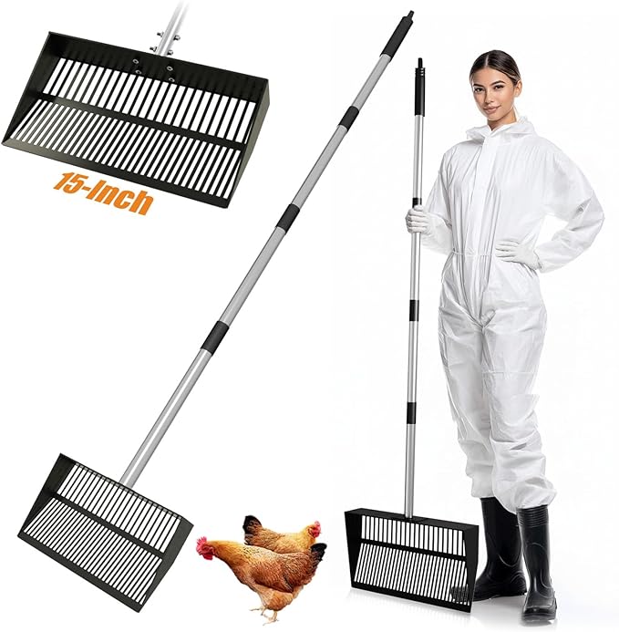 Chicken Poop Scooper, 15 Inch Wide 37 to 63 Inch Adjustable Chicken Coop Scoop for Sand with Work Clothes, Black Metal Multifunctional Sifting Shovel for Chicken Run, Animal Farm