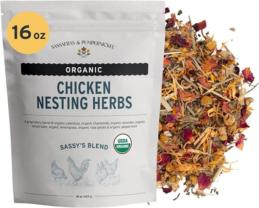 Sassafras & Pumpernickel Certified USDA Organic Chicken Nesting Herbs (16 oz, 1 Pound Bulk Bag) Aromatic Herbs for Coops and Nest Boxes, Nesting Herbs for Chicken coop, coop Refresher for Chickens