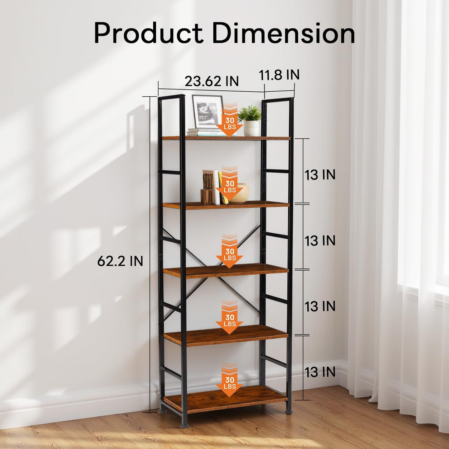 Sweetcrispy 5-Tier Industrial Bookshelf, Rustic Wood and Metal Bookcase with Open Shelves, 62.2-Inch Tall Storage Rack for Living Room, Home Office, Bedroom, Display and Organization, Brown