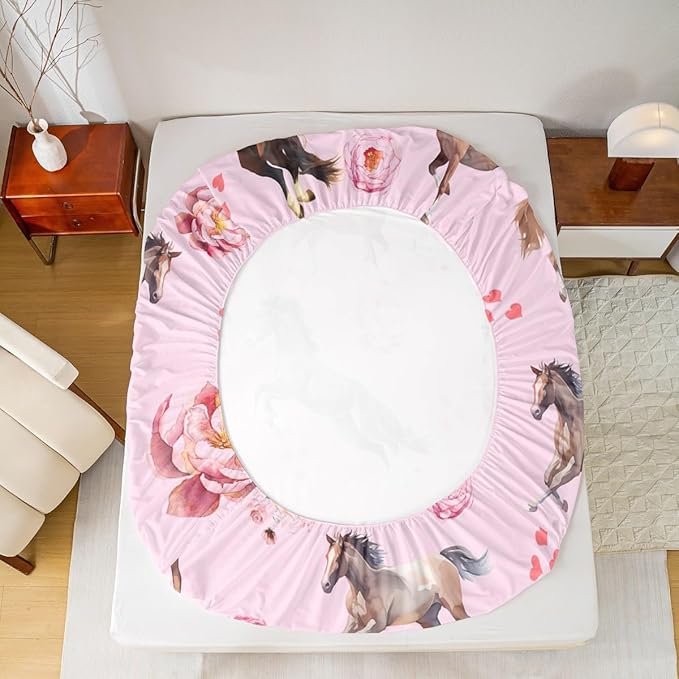 Horse Sheet Set for Girls,Kawaii Farmhouse Horse Print Bed Sheets Queen for Cowboy Cowgirl,Rustic Wild Animal Bedding Set,Watercolor Rose Flowers Leaves Fitted Sheet + Flat Sheet + 2 Pillowcases