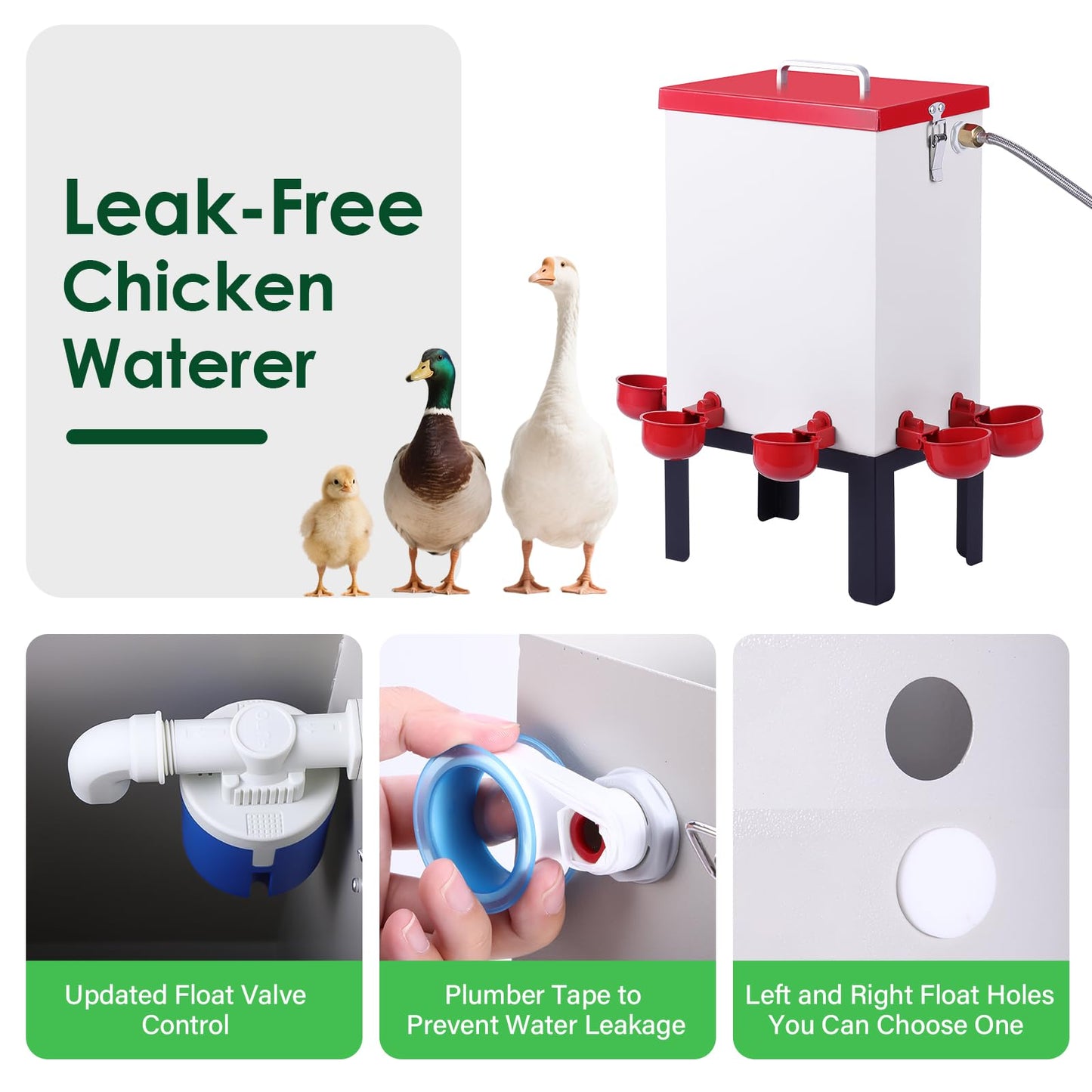 3 Gallon Chicken Waterer,Stainless Steels Automatic Chicken Waterer Feeder with Float Valve,Water Cups, Bottom Bracket and Hose (One End 3/4") Poultry Waterer Dispenser for Quail Duck Goose Turkeys