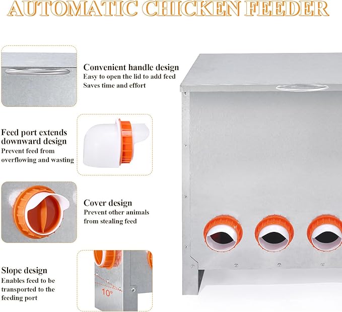 Automatic Chicken Feeder No Waste Large Capacity 85lbs 6-Ports Metal Poultry Feeder with Pull Handle for Chickens Geese Ducks Poultry Coop Weatherproof Design