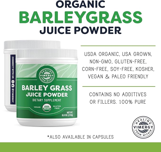 Vimergy Barley Grass Juice Powder Dietary Supplement - 0.8g per Serving (312 Servings) – Clean Superfood Formula – Promotes Cardiovascular Health* – Organic, Vegan & Gluten-Free – Regular Size 250g