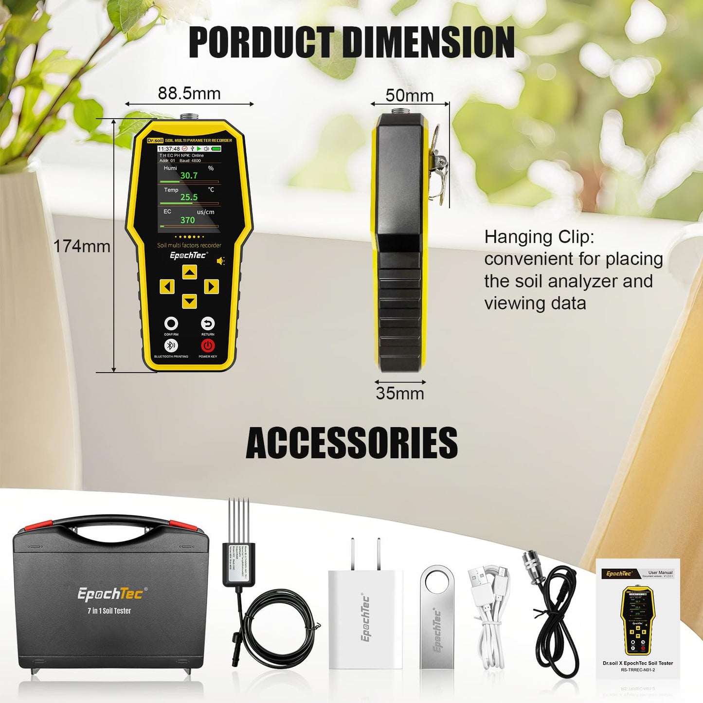 EpochTec 7 in 1 Soil Tester, ±1% High Precision Digital NPK Tester/Soil Moisture Meter/PH Tester/Temperature/EC Monitor for Agriculture, Plant Cultivation, Geological Survey with Data Storage & Export