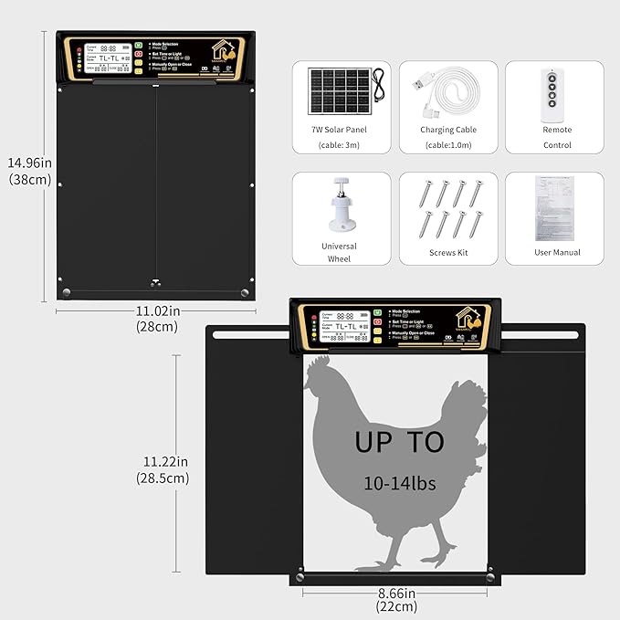 Large Automatic Chicken Coop Door Solar Powered, Charge with 7W Solar Panel Auto Chicken Door, Aluminum Electric Poultry Door with Time & Light Sensor, Remote Control
