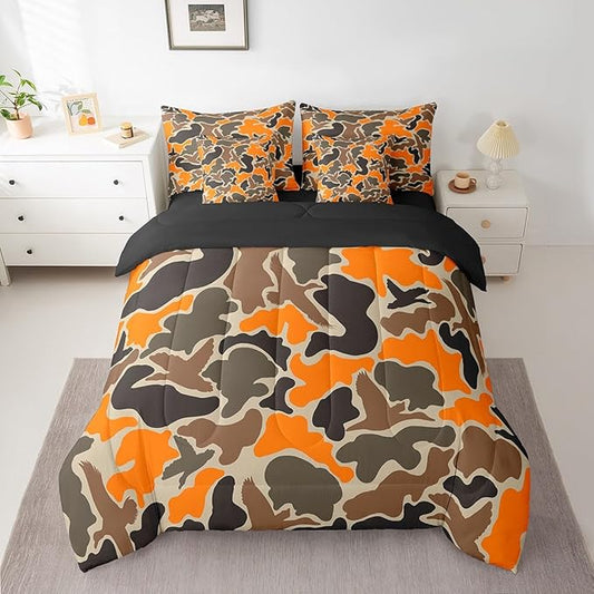 Feelyou Duck Hunter Orange Camouflage Hunting 7 Pieces Bedding Set, Full Size Black Brown All Season,Bed in a Bag with Comforter, Sheets, Pillowcases Camo Army Bed Set Breathable Wild Room Decor