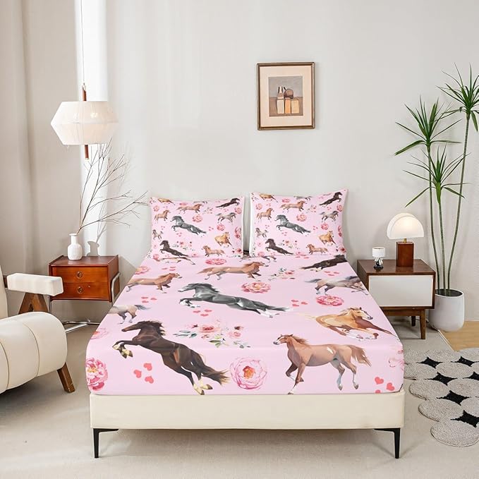 Horse Sheet Set for Girls,Kawaii Farmhouse Horse Print Bed Sheets Queen for Cowboy Cowgirl,Rustic Wild Animal Bedding Set,Watercolor Rose Flowers Leaves Fitted Sheet + Flat Sheet + 2 Pillowcases