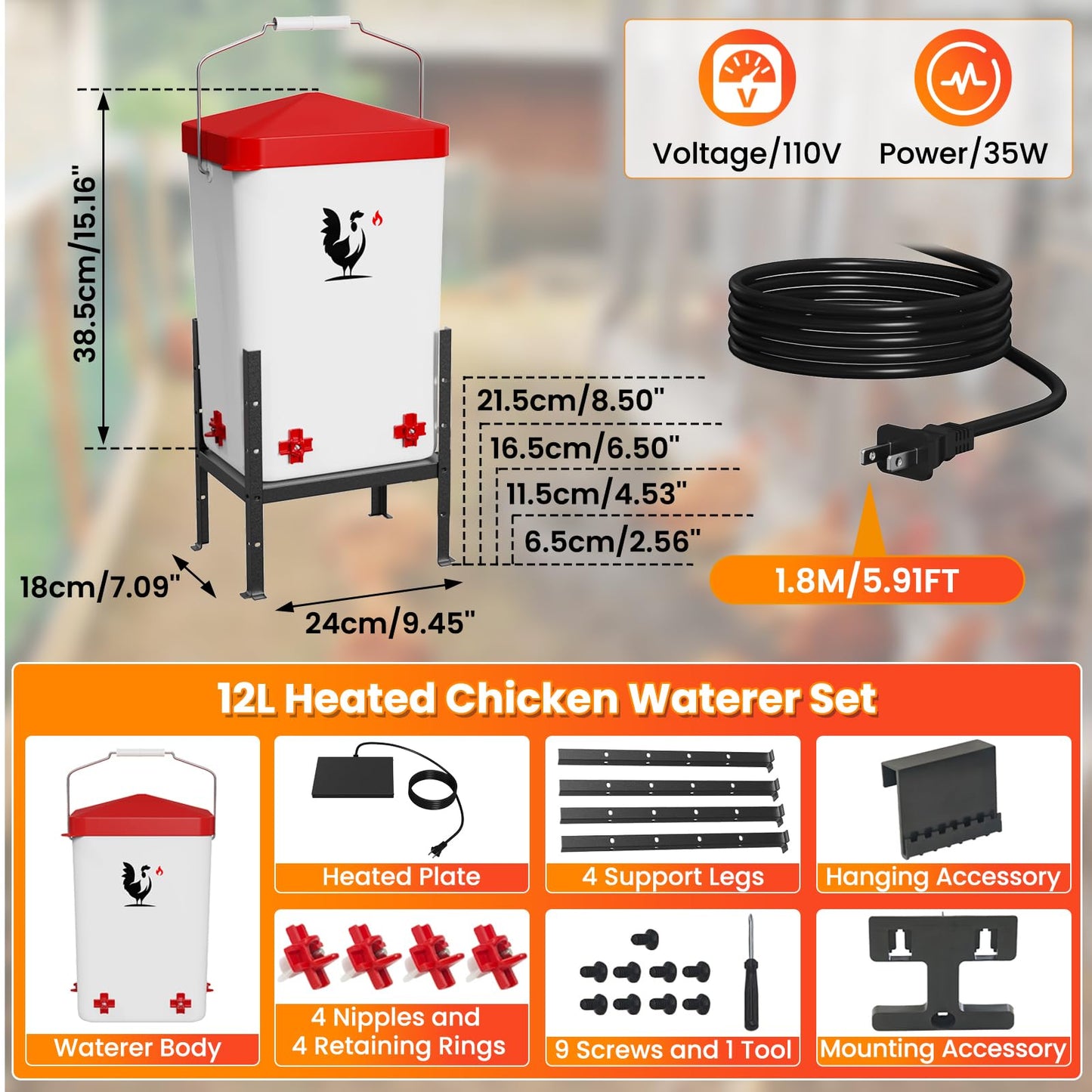 Heated Chicken Waterer, 3.2 Gallon Poultry Water Heater for Winter with 4 Horizontal Nipples, Thermostatically Controlled, 4 Adjustable Heights, Anti-Freezing Watering System for Coop Accessories