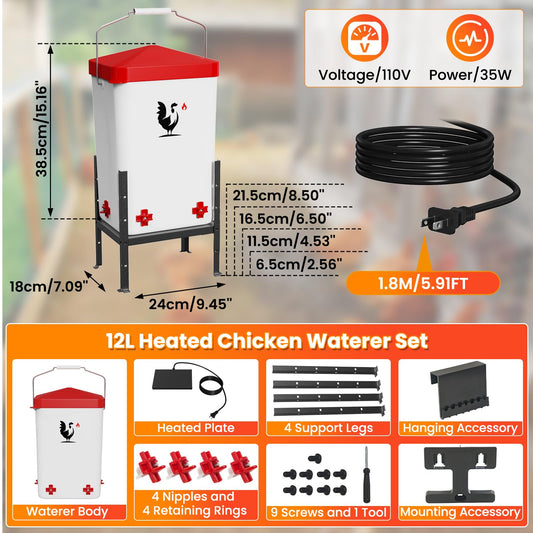 Heated Chicken Waterer, 3.2 Gallon Poultry Water Heater for Winter with 4 Horizontal Nipples, Thermostatically Controlled, 4 Adjustable Heights, Anti-Freezing Watering System for Coop Accessories