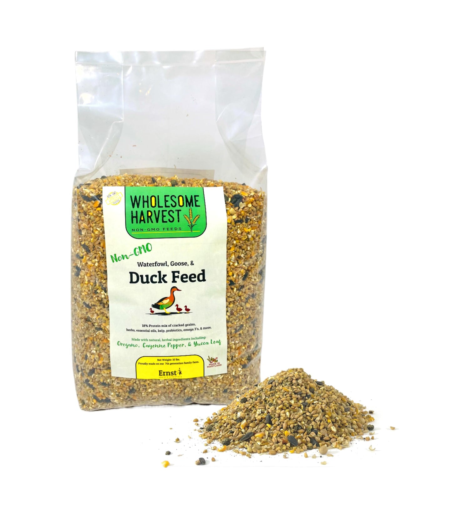 Wholesome Harvest Non-GMO 10 lb Duck Food, Goose & Waterfowl Feed – 18% High Protein, Complete Bird Feed with Cracked Corn, Soybeans, Vitamins & Probiotics Formula for Healthy Flock Growth