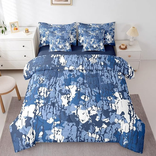 jejeloiu Blue Camouflage Comforter Set with Sheets Full Size Kids Camo Bed in a Bag for Boys Girls Teens Military Style Disruptive Pattern Tree Branches Botanical 7 Pieces Bedding Set Soft Room Decor