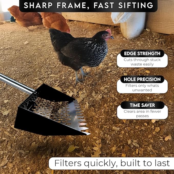 Chicken Poop Scoop & Coop Rake with Gloves – Back-Saving Sand Sifter Shovel, Adjustable Metal Litter Pooper Scooper Long Handle for Chicken Coop Cleaning and Pet Waste