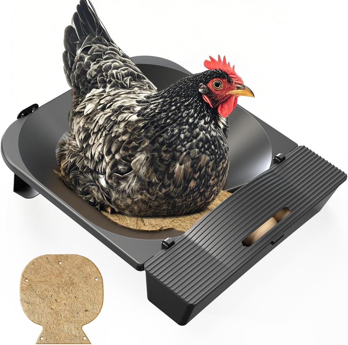 IVAHOU Rolling Nesting Box for Chicken Coop, 1-Pack with 3 Coconut Fiber Mats Replaceable Chicken Coop Accessories, Automatic Egg Collection for Backyard Poultry (Black)