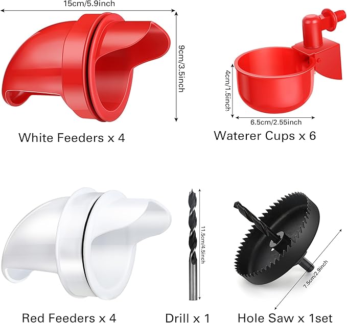 14 Pcs Chicken Feeder and Waterer Kit - No Waste Automatic Poultry Feeder Ports Water Cups with Hole Saw - DIY Gravity Feeder for Buckets Barrels Bins - Fit Chickens Ducks Birds Quail